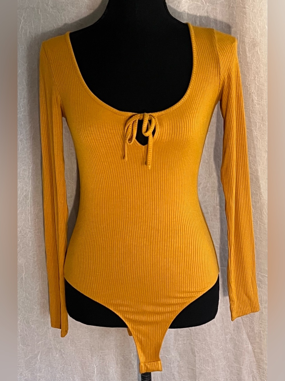 Forever 21 Mustard Ribbed Tie-Front Long Sleeve Bodysuit